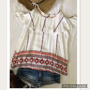 Tribal Ruffled Cold Shoulder Top